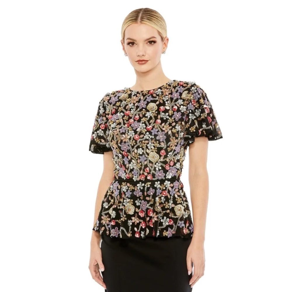 NWT Mac Duggal Floral Embellished Butterfly Sleeve Peplum Top - size XS